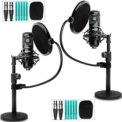 Movo PodPak2T Universal-XLR-Kondensatormikrofon-Set für Podcast und YouTube - inklusive 2 Nieren-Mikrofone, Desktop-Ständer, Stoßhalterungen, Pop-Filter und Kabel