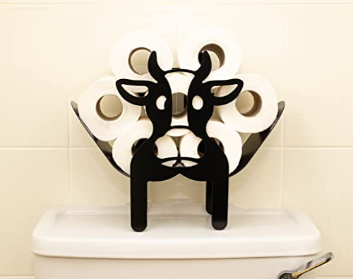 HomeZone Cow Toilet Roll Holder Novelty Animal Bathroom Accessory Decorative Home Indoor Storage Loo Roll Toilet Paper Holder Black Metal Free Standing Fun Decor