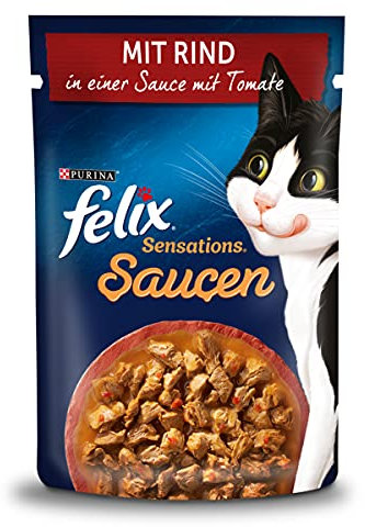 FELIX Sensations Saucen Katzenfutter nass mit Rind in einer Sauce mit Tomaten, 26er Pack (26 x 85g)