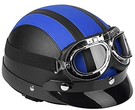 Casco Abierto de Motocicleta en Cuero con Visera Solar, diseño Facial Abierto, Color Azul