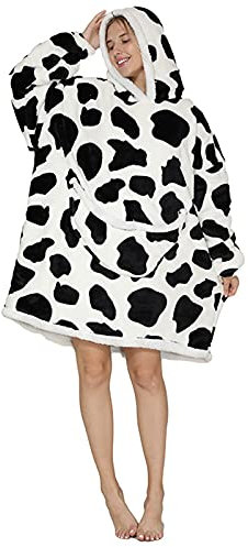 Shamdon Home Collection Oversized Blanket Hoodie,Sherpa FLeece Wearable Blanket Hoodie for Women Men,Soft and Warm Hooded Sweatshirt Adults with Giant Pocket Teenager,One Size Fits All,Cow