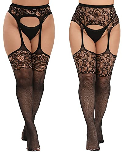 MANZI Plus Size Stockings Thigh High Fishnet Stockings Suspender Patterned Tights for Women Pattern B Floret Pack of 2