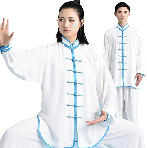 HFCY Tradizionale cinese Kung Fu Suit Tai Chi Uniforme Cinese Tradizionale Abbigliamento Arti Marziali Kung Fu Manica Lunga Uniforme per Uomini e Donne, Bianco Blu-XXL