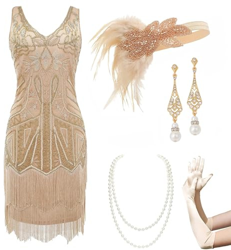 Babeyond Damen-Flapperkleid, 1920er-Jahre, mit Perlen besetzt, Fransen, Great Gatsby-Kleid | Übergrößenfreundlich, V-Ausschnitt, Quastensaum, Great Gatsby, Reißverschluss, für brüllende 20er-Jahre-Partys und