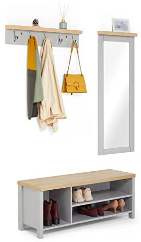 Mondeer Garderobenset, Schuhbank Wandspiegel und Garderobenständer mit 5 Haken Set, Holz Moderner Stil, für Eingang Flur, Grau