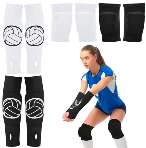 Sosation 2 Set Volleyball Knee Pads and Volleyball Arm Sleeves with Protection Pad Compression Forearm Wrist Guard with Thumb Hole Soft Breathable for Hitting Passing(Black, White)