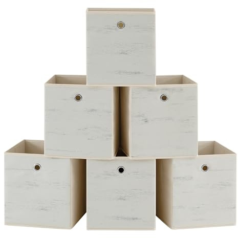 SONGMICS Aufbewahrungsbox 6er Set, Faltbox, 26 x 26 x 28 cm | Ordnungsboxen, Stoffbox, Organizer für Kleidung, Vliesstoff, für Würfelregal, Rustikales Weiss, TINA Kollektion RFB126W01
