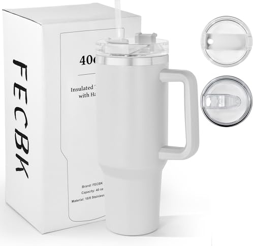 FECBK Mug Isotherme avec Paille et Poignée 1.2L, Tasse Isotherme 100% Anti-fuite, 34 Heures Froid, 12 Heures Chaud, Gobelet en Acier Inoxydable, Lavable au Lave-Vaisselle, Gris