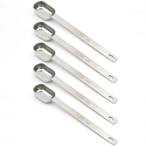 BERYLER 5PCS 1 Teaspoon(1Tsp | 5 mL | 5 cc | 1/3 Tablespoon) Single Measuring Spoon, Stainless Steel Individual Spoons, Long Handle Spoons Only