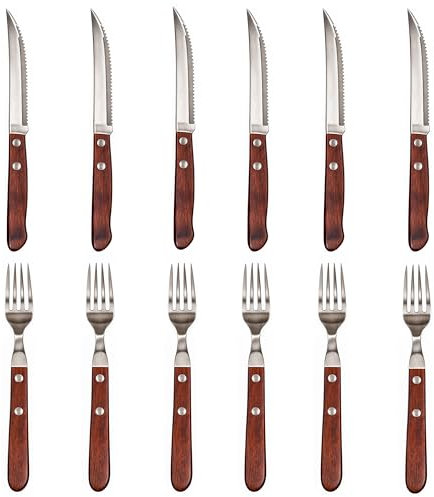 Steakbesteck rostfreier Stahl Holz 12 Stück mit 6 Stück Steakmesser und 6 Stück Steakgabeln