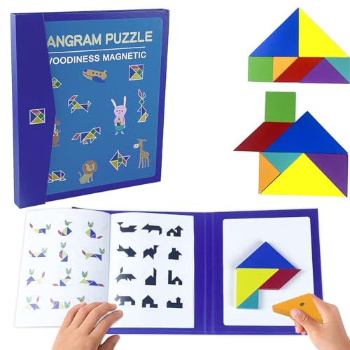 Tangram Enfant Magnétique - Livre de Puzzle en Bois, Formes Géométriques Avec Solution - Jeux de Voyage Éducatifs Pour 3-6 Ans
