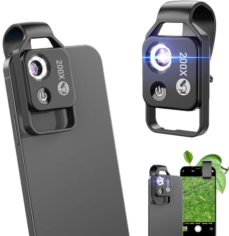 NanoZoom Objectif 200x, Microscope De Téléphone avec Lumière LED, Microscope De Poche Nanozoom X200, Lentille Microscope Numérique Léger Et Portable (Noir)