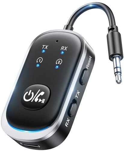 RIWUSI Transmetteur récepteur Bluetooth 2 en 1, adaptateur sans fil Bluetooth 5.3 – Deux paires pour AirPods, tous les écouteurs, utilisation avec prise audio auxiliaire de 3,5 mm dans l'avion, la