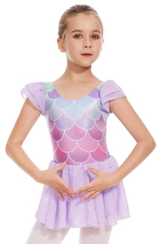 DGSHIRLDJO Ragazza Vestito da Balletto Scintillante Danza Tutu Corpo Ginnastica Manica Corta con Chiffon Gonna 2-12 Anni (IT, Numero, 98, Regular, Viola)