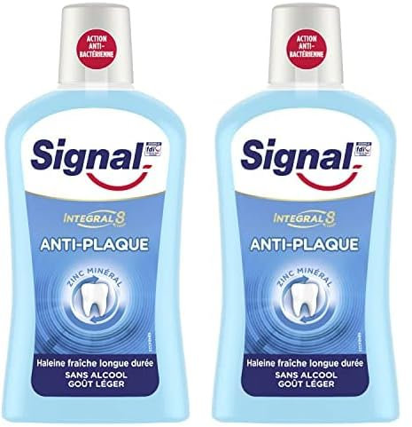 SIGNAL - Bain de Bouche Intégral 8 Anti-Plaque - Lutte contre les bactéries et la plaque dentaire - Haleine fraiche longue durée - Sans Alcool - 500ml (Lot de 2)