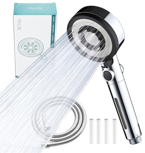 BECMai Duschkopf Filter mit schlauch, Hochdruck Duschkopf, Wassersparend Duschbrause Anti Kalk, Shower Head for Hard Water, Handbrause Dusche mit Stoppfunktion, 5 Modes Jets, Chrome