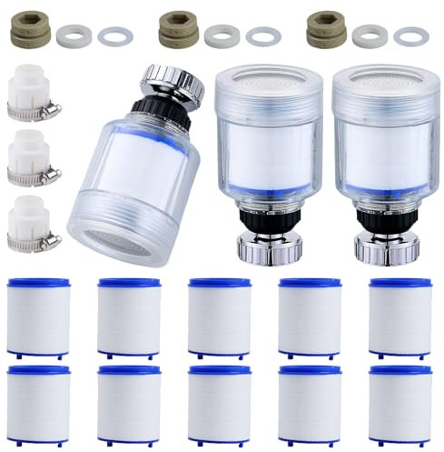 UZSUZZ 3 Stück Wasserhahn Filter Transparenter, 360° Wasserhahn Filter, +10 Stück PP-Baumwollfilterelement Wasserfilter Wasserhahn mit Austauschbar Filterelement, für Küche Spüle Home Badezimmer