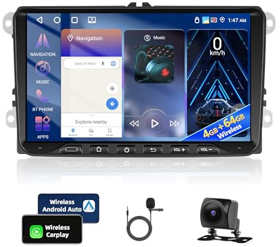Motorsi 4GB+64GB Autoradio für VW Passat B6 T5 Golf 5 6 Polo 6R Tiguan T5 Jetta Seat Skoda mit Kabellosem Carplay, Android Auto GPS Bluetooth WiFi FM/RDS SWC Canbus EQ + AHD Rückfahrkamera