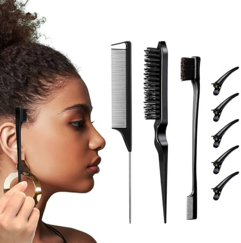 8 Piezas Kit Peine Peinar Cabello, cepillo y Peine de Doble Borde, Pinzas Pelo Peluqueria Negras, Pinzas Antideslizantes, Peine de Cola de Rata de Peluqueria Profesional para Salones y Peluquerías