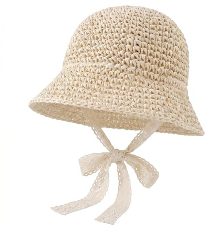 Cappello di Paglia per Bambini Piccoli con Fiocco - Cappello da Sole Morbido e Pieghevole per Bambine, UPF 50+, Traspirante per L'Estate, Spiaggia e Giochi all'aperto, 2/5 Anni