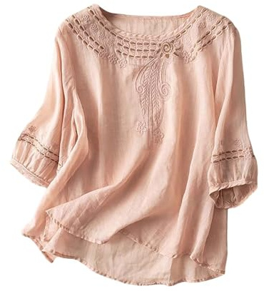 Uwdiohq Camisetas Manga Corta con Botones Lino Y Algodon para Mujer, Informal, Estilo Bohemio,Primavera Verano Suelto Blusas Camisas Original Fiesta Tops T-Shirt tee Camiseta Ligero Cuello En V