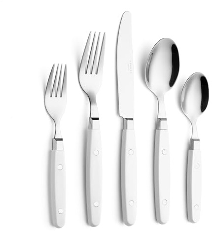 Annova, set di posate in acciaio inox con manico colorato con rivetto/posate stile retrò (Bianco, 20 pezzi)