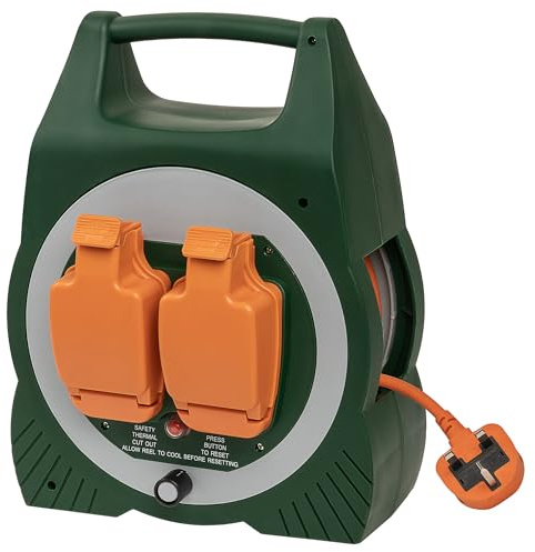 Daewoo Weatherproof Extension Reel 15m, 2 Socket Outdoor Cable Reel with Safety Cover, Thermal Cut-Out & Carry Handle, Heavy Duty Power Reel for Garden, Garage, Camping, DIY