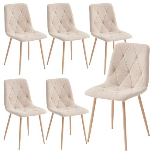 Set of 6 Dining Chairs for Dining Room, Fabric Kitchen Chairs Set, Beige | Upholstered Seat, Solid Backrest, Metal Legs, Ergonomic Design, for Living Room, Apartment, Restaurant