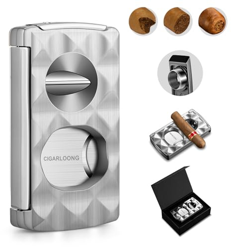 Cortador de puros de acero inoxidable, multifunción, 4 en 1, guillotina de doble cuchilla, cortador en V, cortador de puros, soporte con acabado de patrón, incluye caja de regalo (plata)