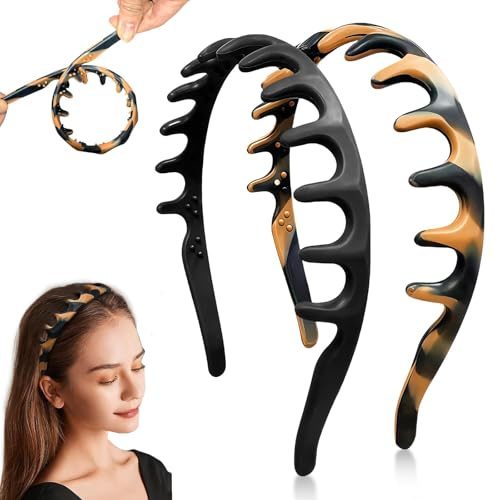 VelvetGlow 2 Pcs Silicone Headbands for Women Non Slip Comb Headband with Teeth Non-Crackable Hair bands for Women's Hair Fashion Accessories (Black, Tortoiseshell)