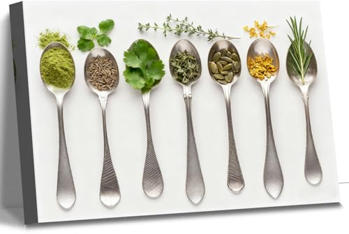 CanvasGarden Kitchen Canvas Wall Art, Herb and Spice Poster Cilantro Rosemary and Cumin Seeds Modern Kitchen Decor, Framed Prints for Restaurant Dining Room Chef Decor Gift, 32x24Inch