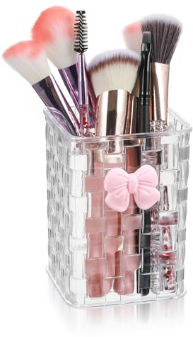 Acrylic Pen Holder for Desk, Cute Clear Makeup Brush Holders with Woven Texture and Bow, Transparent Pencil Organizer for Office Home School Cosmetic, Back To School Gift for Teachers Classmate