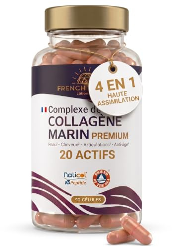Collagène Marin Tripeptides Premium Type I & III + Acide Hyaluronique, CoQ10 & Varech... 20 Actifs Peau Cheveux Articulations – Anti-Âge – 1 Mois – Fabriqué en France