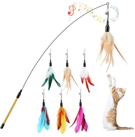 Pawaboo Jouet interactif pour Chat Baguette à Plumes 1 Baguette+6 Plumes | Jouet canne à plumes pour chat – Baguette extra-longue (34,5 po) pour jeu et exercice, Multicolore
