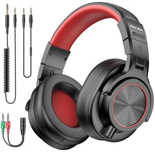 New Bee Cuffie over-ear cablate, cuffie da studio con driver da 50 mm e jack da 6,35 mm e 3,5 mm, cuffie DJ per monitor da studio e mixing, chitarra DJ, amp, podcast, pianoforte, tastiera, rosso e