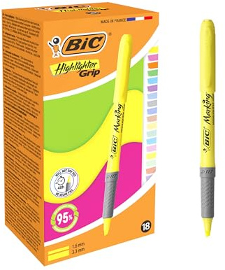 BIC Highlighter Grip Neon and Pastel Pens with Chiselled Nib - Assorted Colours, Box of 18