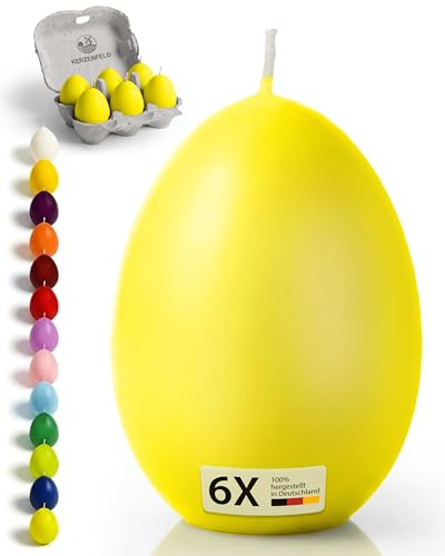 Kerzenfeld® Eierkerzen Gelb 6 Stück, 60 x 45mm Premium Frühlingsdeko und Ostergeschenk, Handgetaucht und mit 7+ Stunden Brenndauer, Made in Germany - Unparfümiert und RAL-Zertifiziert