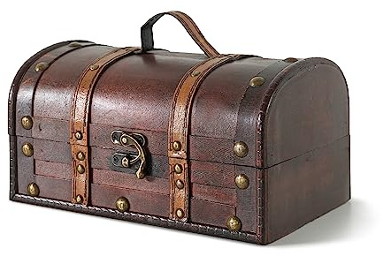 SLPR Wooden Storage Box with Hinged Lid and Handle - 11 x 7 x 5.7, Small Decorative Wood Treasure Chest, Vintage Suitcase Case for Keepsakes, Pirate Chest for Classroom