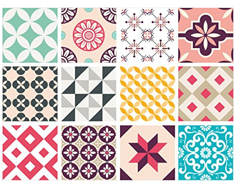 | Sticker Carrelage | Planche de 12 Stickers Autocollants Adhesifs Carrelage - Carreaux de Ciment - Crazy Color - Dimensions d'un Sticker : 20 x 20 cm - Cuisine Salle de Bains Meubles ...