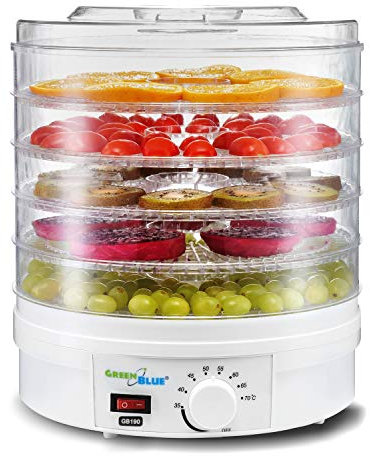 Green Blue GB190 Deshidratador con regulador de temperatura de 35 – 70°, sin BPA, secadora de alimentos para setas, verduras y frutas, 5 placas de 4,5 cm, 250 W (deshidratadora)