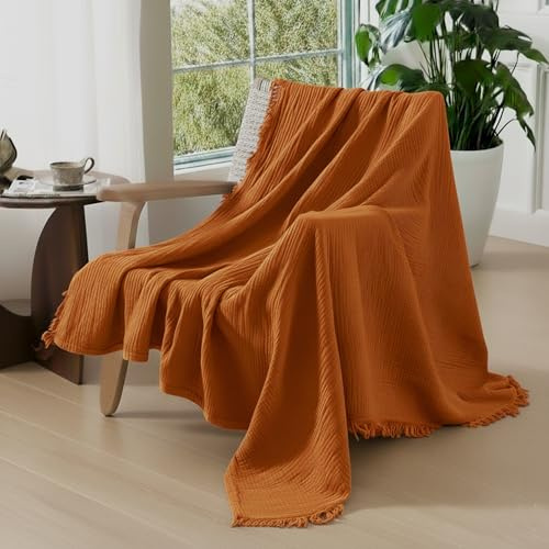 KyraHome Musselin-Überwurfdecke, 100% Bio-Baumwolle, 139,7 x 152,4 cm, handpflanzengefärbt, atmungsaktiv, weich, gemütlich, leicht, Sommerdecke für alle Jahreszeiten (Terracotta/Rust Orange)