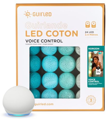 GuirLED - LED Baumwollkugeln Lichterkette USB - Sprachsteuerung - Connected Home - Amazon Alexa & Google Assistant - 2xUSB-Netzadapter enthalten - 24 Kugeln 2,4m - Horizont