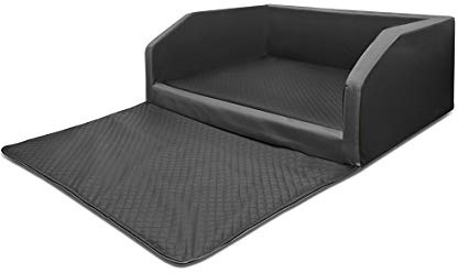 Mayaadi-Home Premium hundsäng – 90 x 70 x 38 cm | Högkvalitativ bilstol för din hund | bilhundsäng med skyddsfilt, bagageutrymme säng av konstläder | Travel Duo svart mörkgrå – S