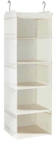 BrilliantJo Organizador de Armario Colgante con 5 Compartimentos y 6 Bolsillos Laterales, Estantes de Almacenamiento Colgantes con 2 Ganchos 30 * 30 * 108cm, Beige