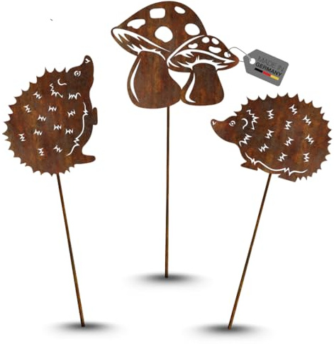 Terma Stahldesign Rostfigur Gartenstecker Set Herbst Zwei Igel EIN Pilz mit Spieß 40-45cm tolle gartendeko aus Rost-Metall, deko rostoptik, Rostfiguren Tiere,