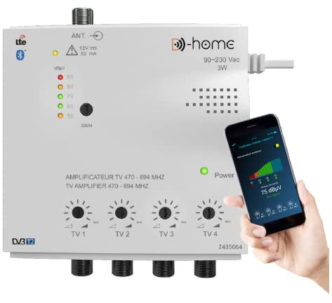 D-Home - Amplificatore TV TNT Interno 4 Uscite 26dB Collegato Filtrato 4G-5G - Funziona con App Mobile TV Finder per trovare il miglior segnale disponibile. Per qualsiasi antenna