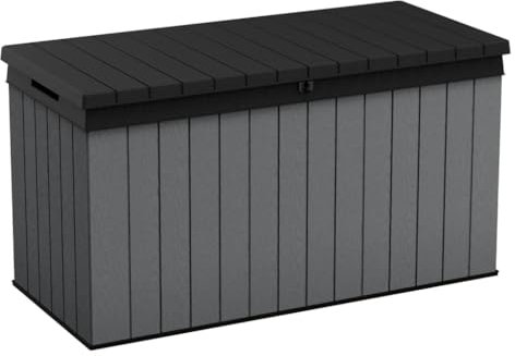 Keter Auflagenbox/Kissenbox Darwin 150-570 Liter l 100% Wasserdicht l mit Belüftung dadurch kein übler Geruch/Schimmel l Moderne Holzoptik l Deckel belastbar bis 300 KG (2 Personen), Graphit/Grau