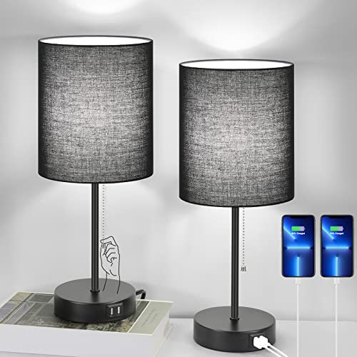 Table Lamps Set of 2 with USB Charging Ports, Black Bedside Lamps with AC Outlet, Nightstand Lamps with Pull Chain Switch, Minimalist Modern Desk Lamps with Fabric Shade for Living Room Bedroom Office