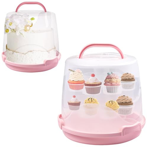HomDSim Cake Carrier Round Cake Stand Plus Height Cake Container with Cupcakes Pad, Handle, Lid Reusable Package Box for Transporting Desserts,Pie,Toast,Fruit (10 Pink)
