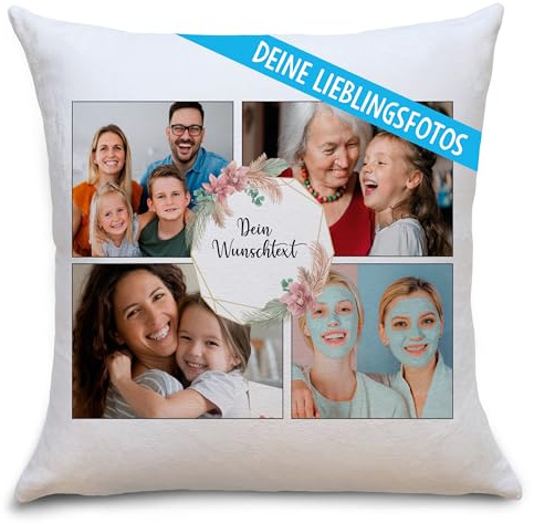 OWLBOOK® Personalisiertes Kissen mit Foto - Fotokissen mit 4 Fotos & Text selbst gestalten - Mama Geschenke zu Weihnachten Muttertag - Foto Kissen Polster 40 x 40 cm zzgl. Füllung - Boho Kreis